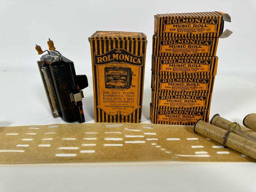 Vintage Rolmonica Player Harmonica With Original Box And 9 Music Rolls [Photo 3]