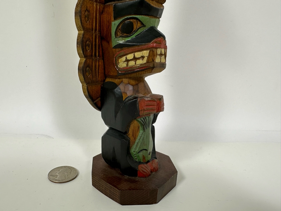 Signed Carved Wood Hand Painted Totem Sculpture Of Thunderbird & Wolf Made In Alaska 12H [Photo 6]