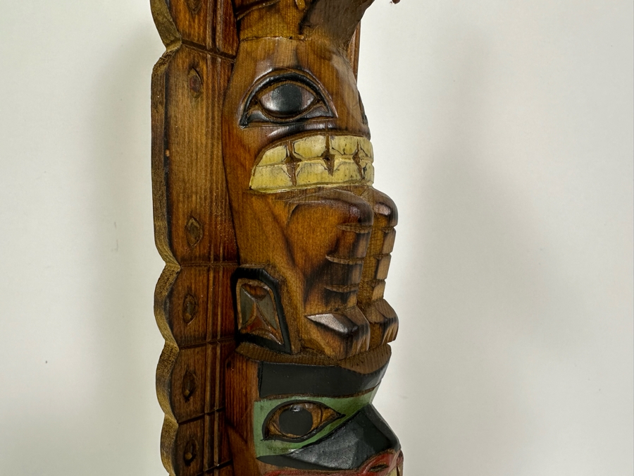 Signed Carved Wood Hand Painted Totem Sculpture Of Thunderbird & Wolf Made In Alaska 12H [Photo 5]