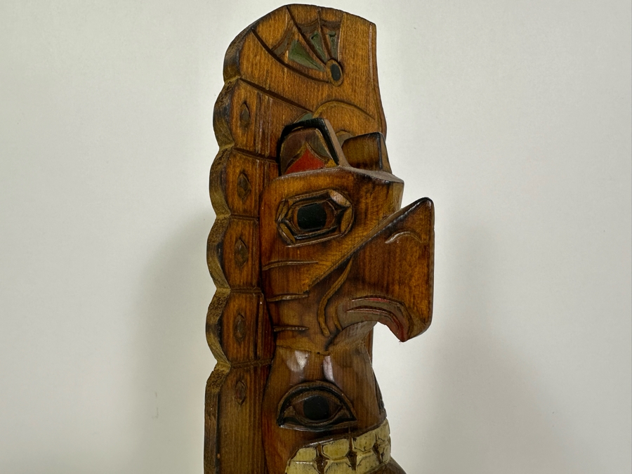 Signed Carved Wood Hand Painted Totem Sculpture Of Thunderbird & Wolf Made In Alaska 12H [Photo 4]