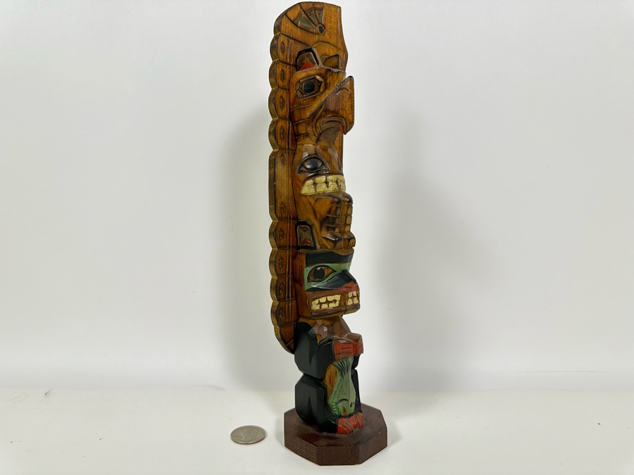 Signed Carved Wood Hand Painted Totem Sculpture Of Thunderbird & Wolf Made In Alaska 12H [Photo 2]