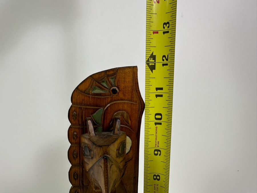 Signed Carved Wood Hand Painted Totem Sculpture Of Thunderbird & Wolf Made In Alaska 12H [Photo 11]