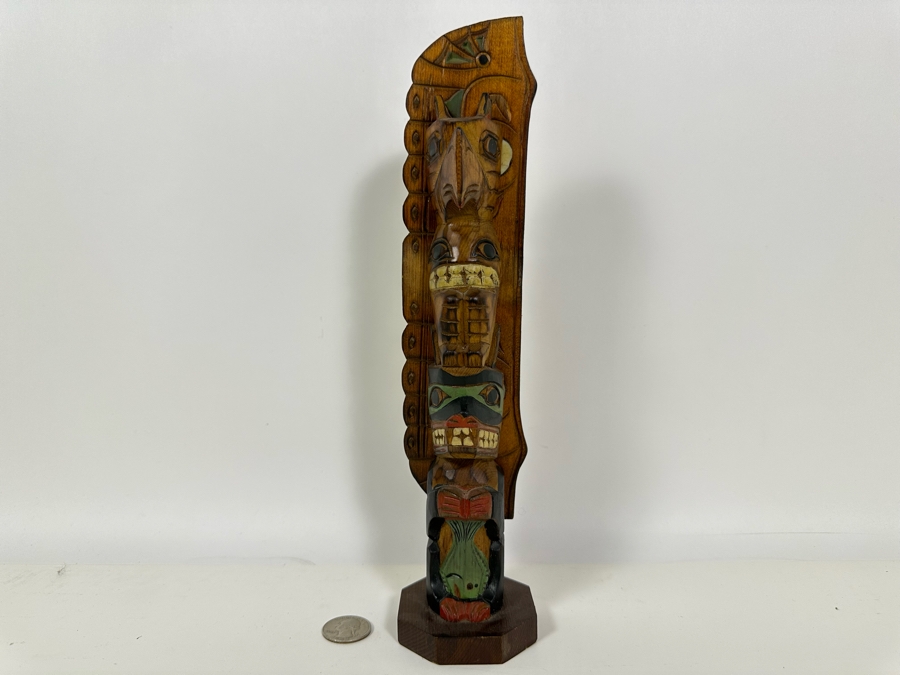 Signed Carved Wood Hand Painted Totem Sculpture Of Thunderbird & Wolf Made In Alaska 12H [Photo 3]