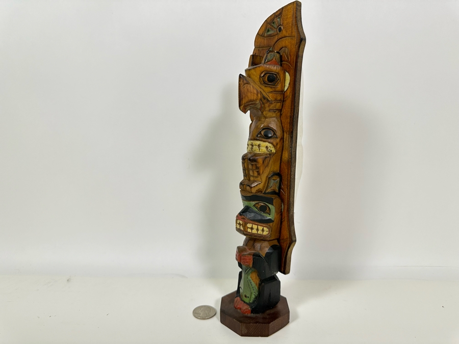 Signed Carved Wood Hand Painted Totem Sculpture Of Thunderbird & Wolf Made In Alaska 12H [Photo 7]