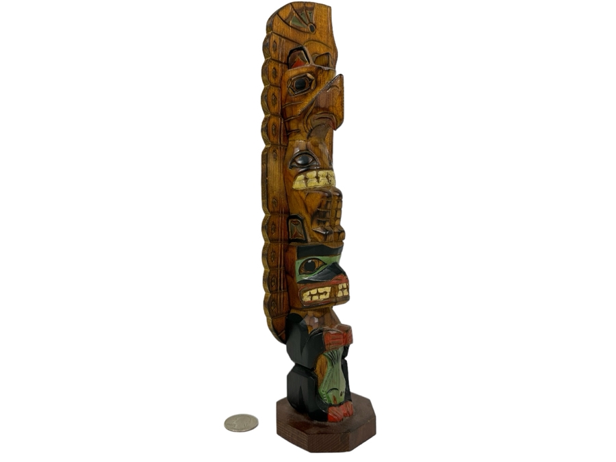 Signed Carved Wood Hand Painted Totem Sculpture Of Thunderbird & Wolf Made In Alaska 12H [Photo 1]