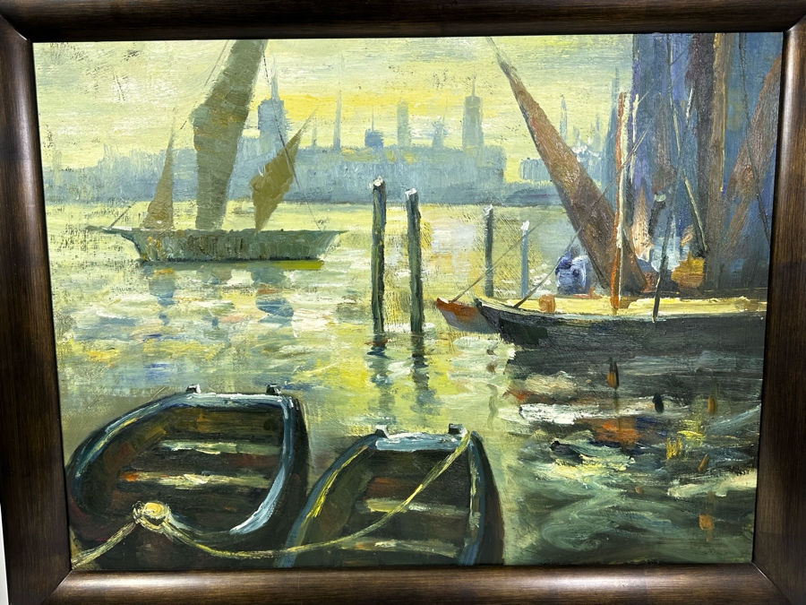 Large Original Wharf City Skyline Painting On Canvas 40 X 28 Framed 46 X 36 [Photo 5]