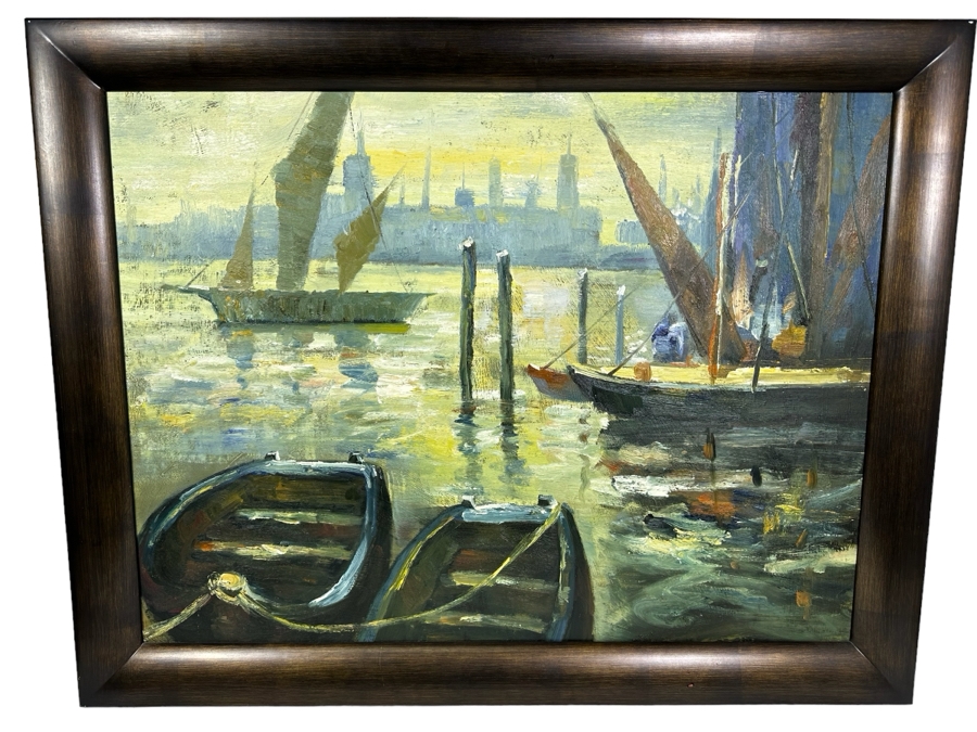 Large Original Wharf City Skyline Painting On Canvas 40 X 28 Framed 46 X 36