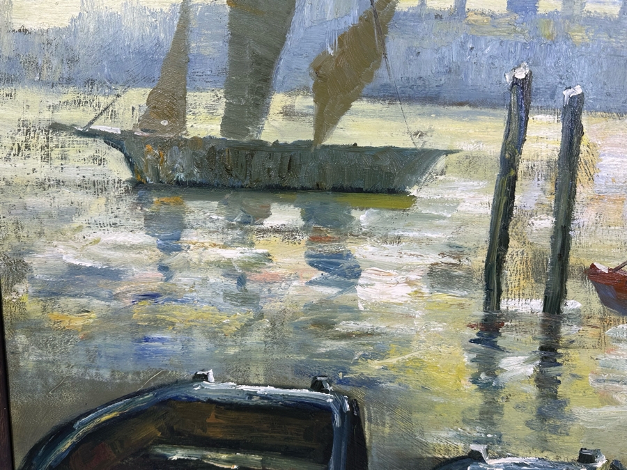 Large Original Wharf City Skyline Painting On Canvas 40 X 28 Framed 46 X 36 [Photo 9]