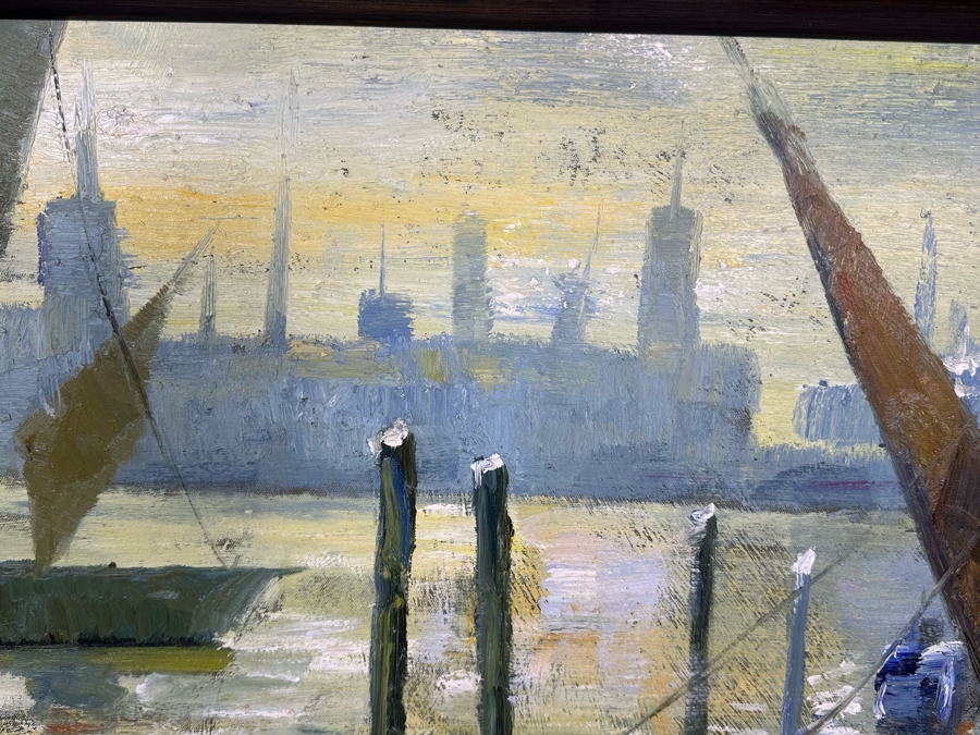 Large Original Wharf City Skyline Painting On Canvas 40 X 28 Framed 46 X 36 [Photo 11]