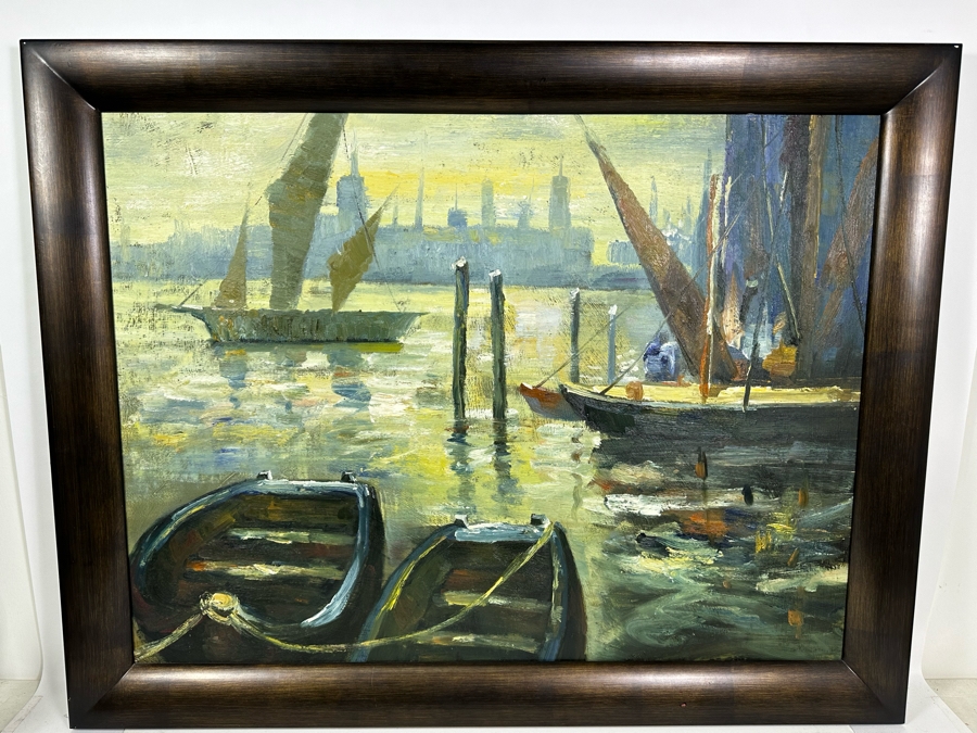 Large Original Wharf City Skyline Painting On Canvas 40 X 28 Framed 46 X 36 [Photo 2]