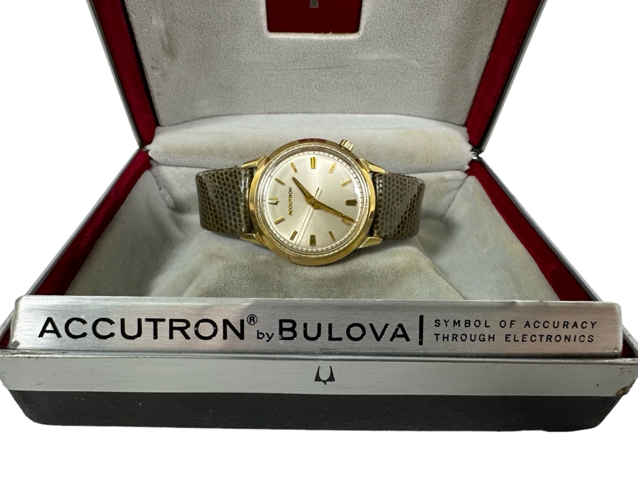 Vintage Accutron By Bulova Men's Wrist Watch With 14K Gold Filled Case And Original Box