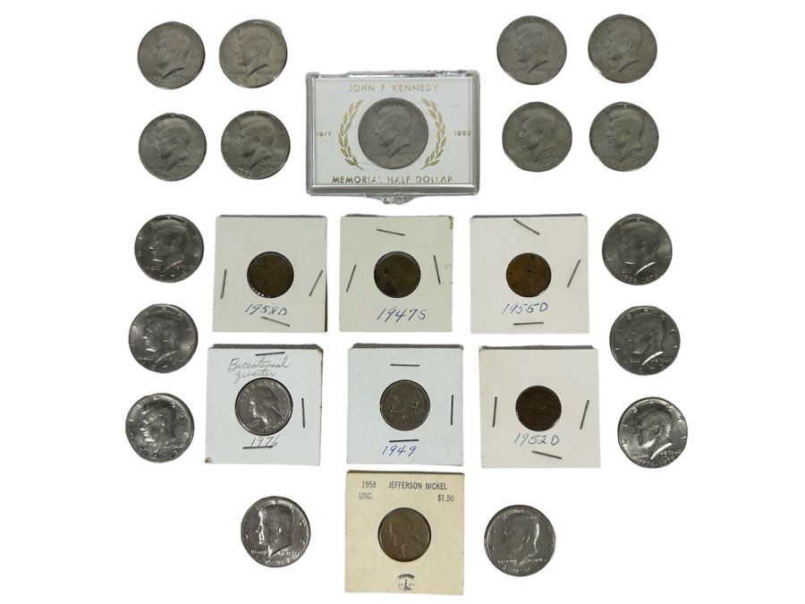 Coin Collection Featuring John F. Kennedy Half Dollars And Other US Coins