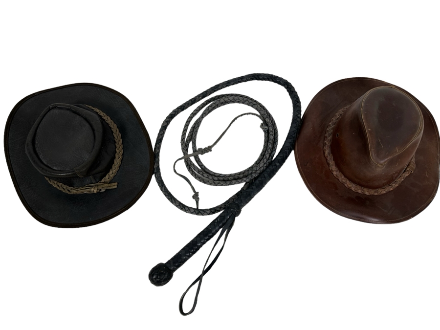 Braided Leather Indian Jones Style Whip With Pair Of XL Leather Hats