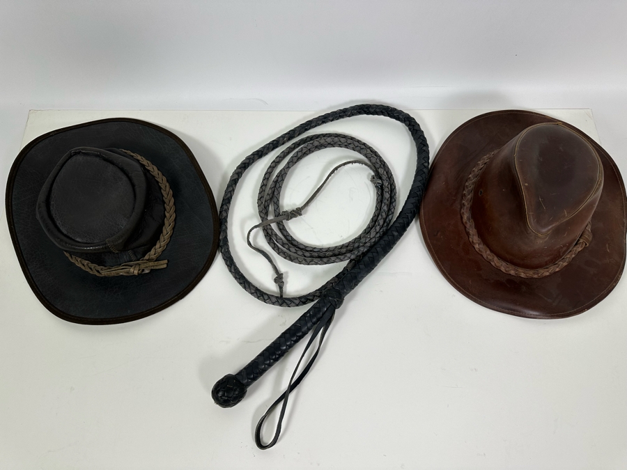 Braided Leather Indian Jones Style Whip With Pair Of XL Leather Hats [Photo 3]