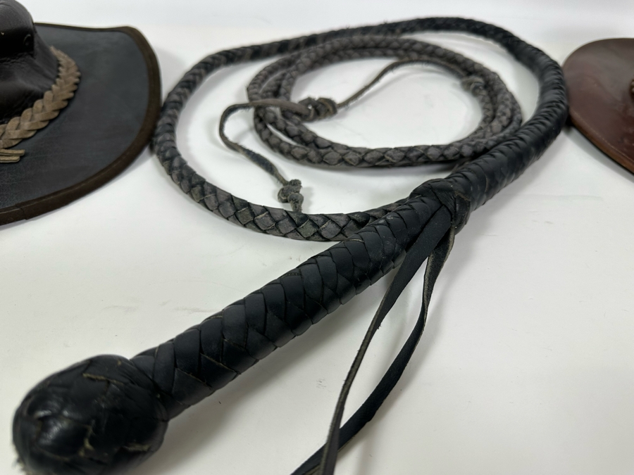 Braided Leather Indian Jones Style Whip With Pair Of XL Leather Hats [Photo 4]