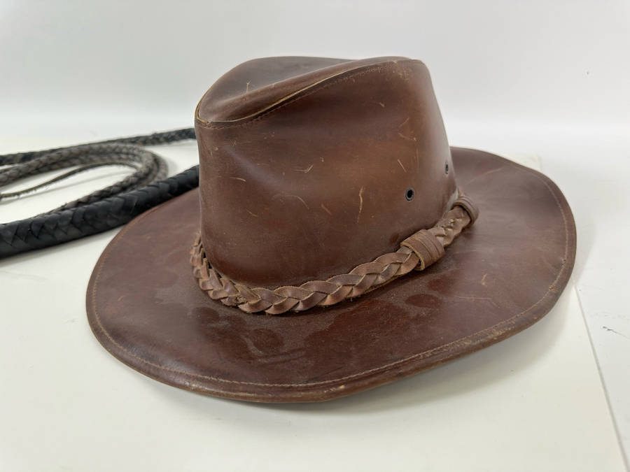 Braided Leather Indian Jones Style Whip With Pair Of XL Leather Hats [Photo 7]