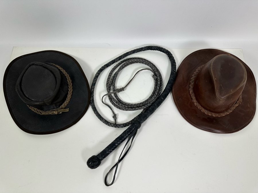 Braided Leather Indian Jones Style Whip With Pair Of XL Leather Hats [Photo 2]