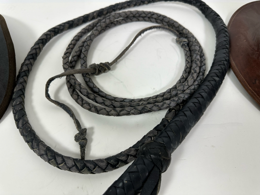 Braided Leather Indian Jones Style Whip With Pair Of XL Leather Hats [Photo 6]