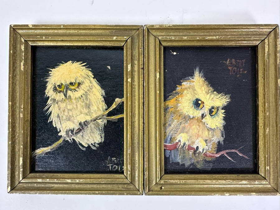 Pair Of Original Mid-Century Miniature Albert Tolf Owl Paintings Framed 4 X 5 [Photo 3]