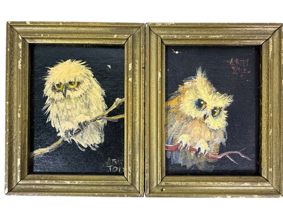 Pair Of Original Mid-Century Miniature Albert Tolf Owl Paintings Framed 4 X 5