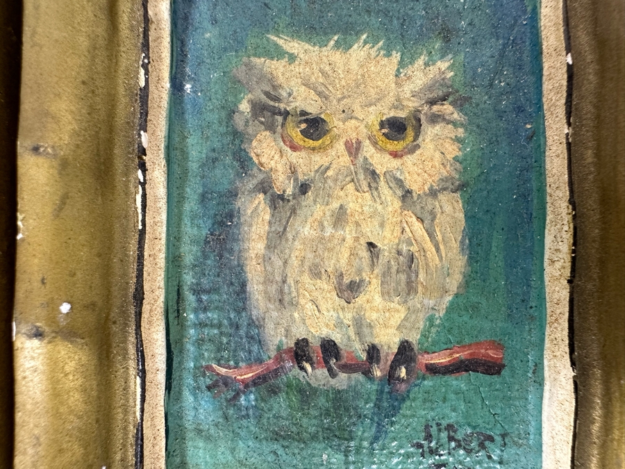 Pair Of Original Mid-Century Miniature Albert Tolf Owl Paintings Framed 3 X 4 [Photo 7]