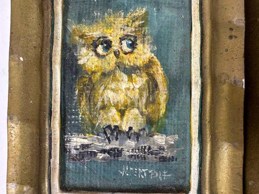 Pair Of Original Mid-Century Miniature Albert Tolf Owl Paintings Framed 3 X 4 [Photo 5]