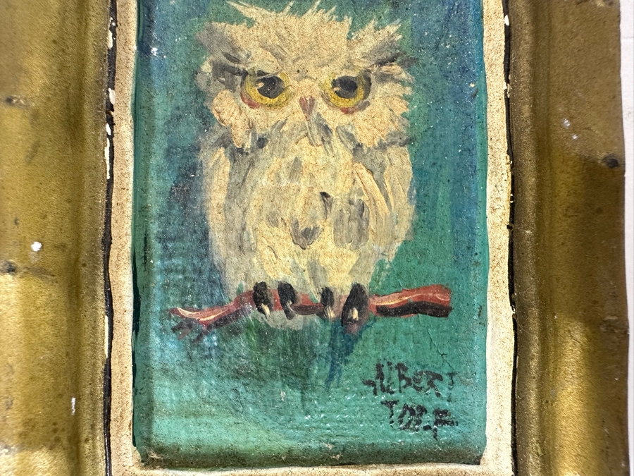 Pair Of Original Mid-Century Miniature Albert Tolf Owl Paintings Framed 3 X 4 [Photo 8]