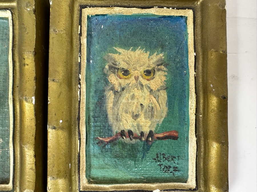 Pair Of Original Mid-Century Miniature Albert Tolf Owl Paintings Framed 3 X 4 [Photo 6]