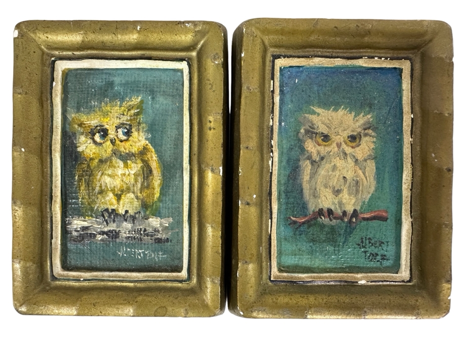 Pair Of Original Mid-Century Miniature Albert Tolf Owl Paintings Framed 3 X 4