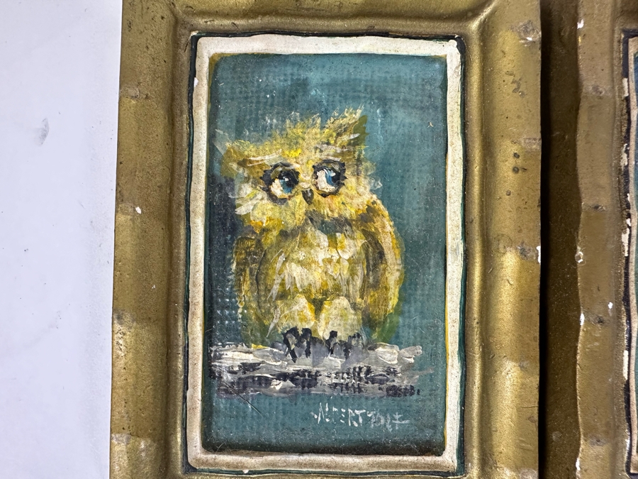 Pair Of Original Mid-Century Miniature Albert Tolf Owl Paintings Framed 3 X 4 [Photo 4]