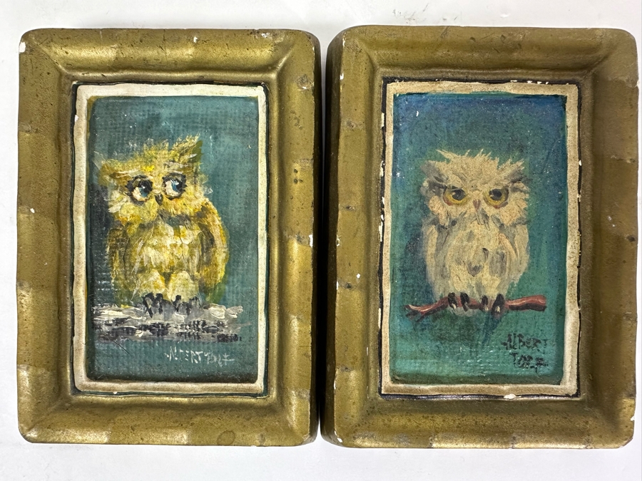 Pair Of Original Mid-Century Miniature Albert Tolf Owl Paintings Framed 3 X 4 [Photo 2]
