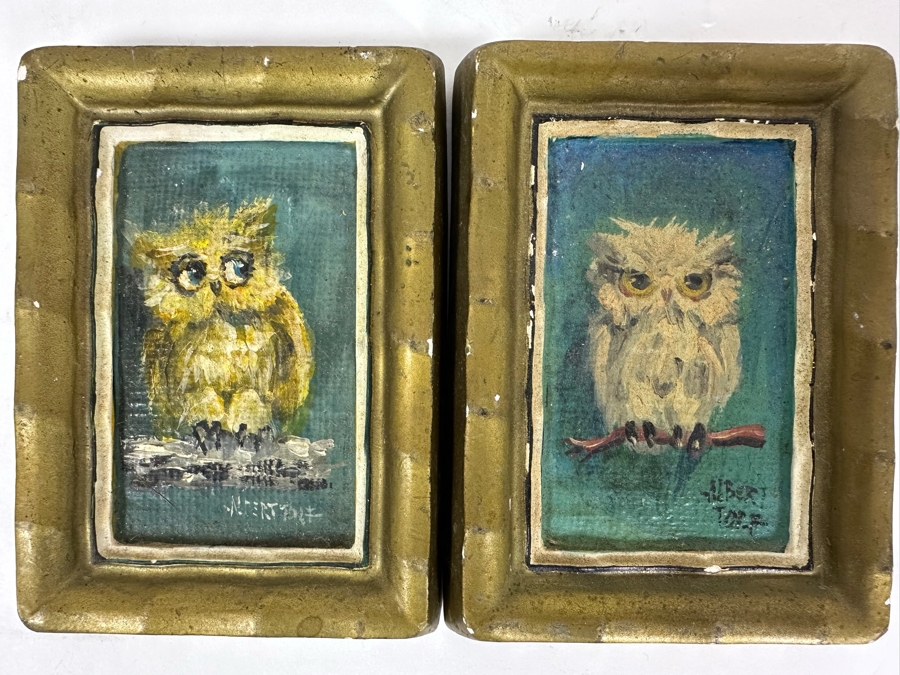 Pair Of Original Mid-Century Miniature Albert Tolf Owl Paintings Framed 3 X 4 [Photo 3]