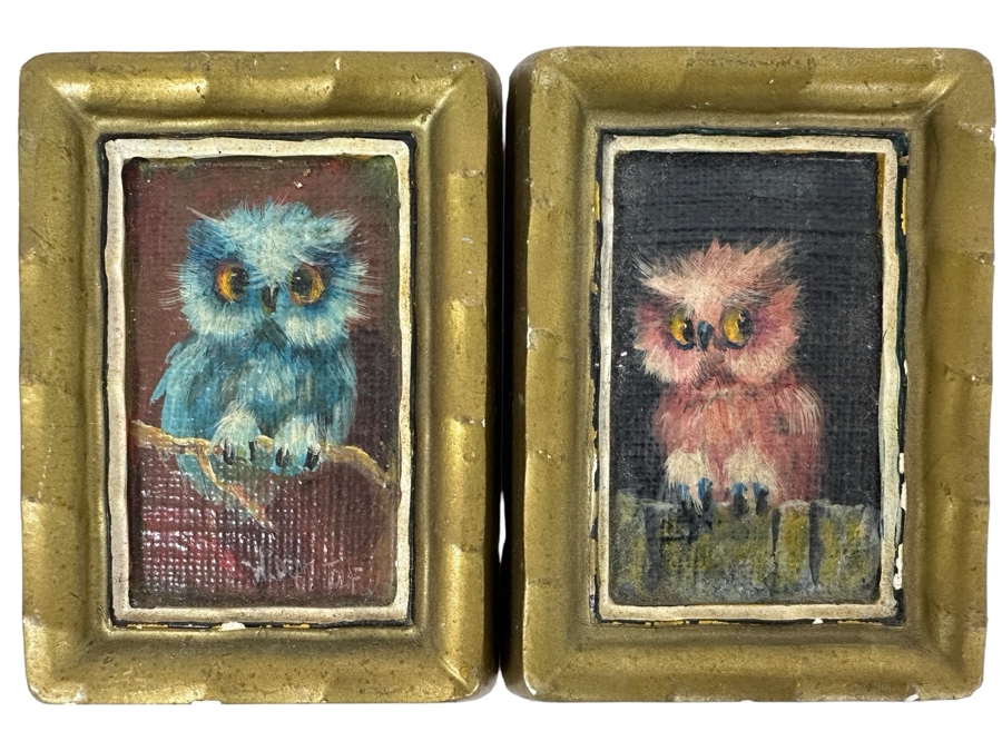 Pair Of Original Mid-Century Miniature Albert Tolf Owl Paintings Framed 3 X 4