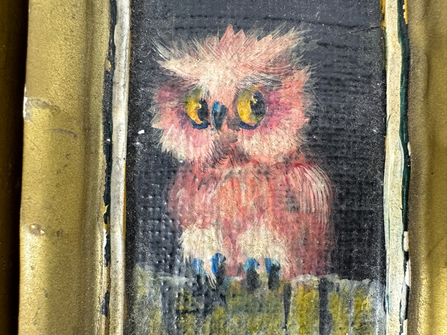 Pair Of Original Mid-Century Miniature Albert Tolf Owl Paintings Framed 3 X 4 [Photo 8]