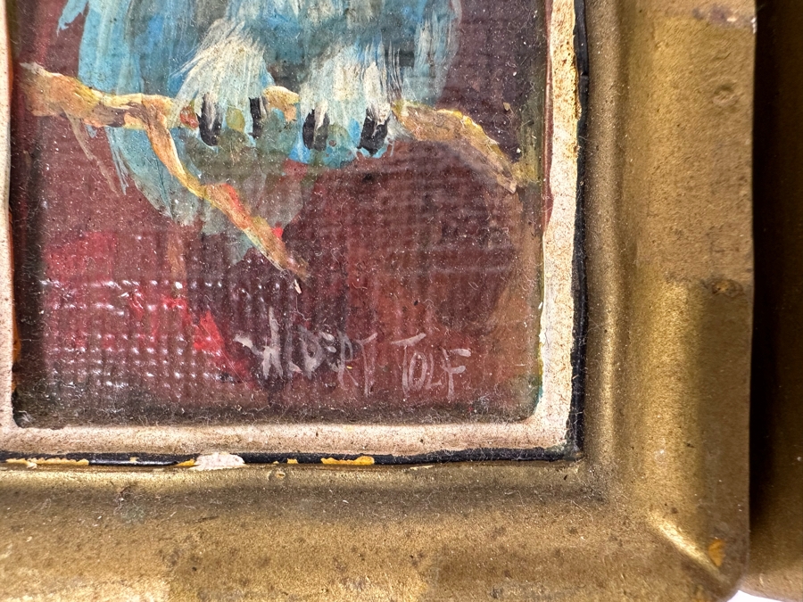 Pair Of Original Mid-Century Miniature Albert Tolf Owl Paintings Framed 3 X 4 [Photo 6]