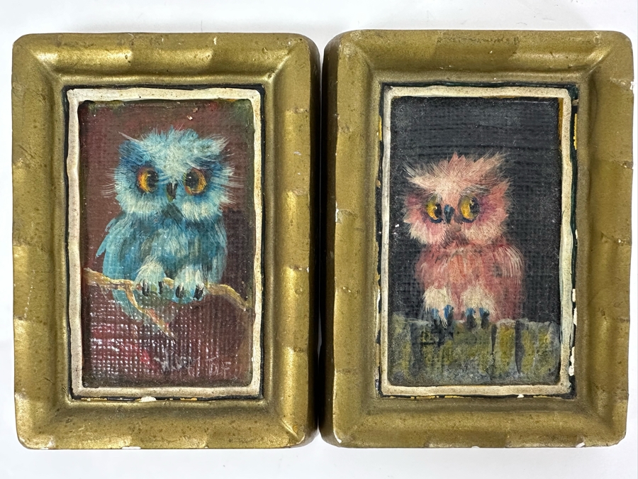 Pair Of Original Mid-Century Miniature Albert Tolf Owl Paintings Framed 3 X 4 [Photo 2]