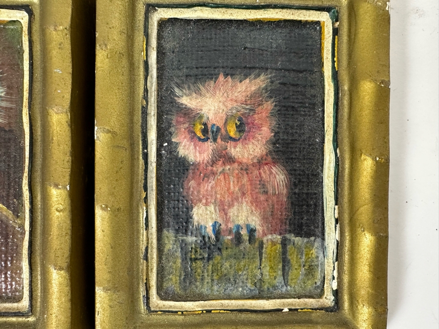 Pair Of Original Mid-Century Miniature Albert Tolf Owl Paintings Framed 3 X 4 [Photo 7]