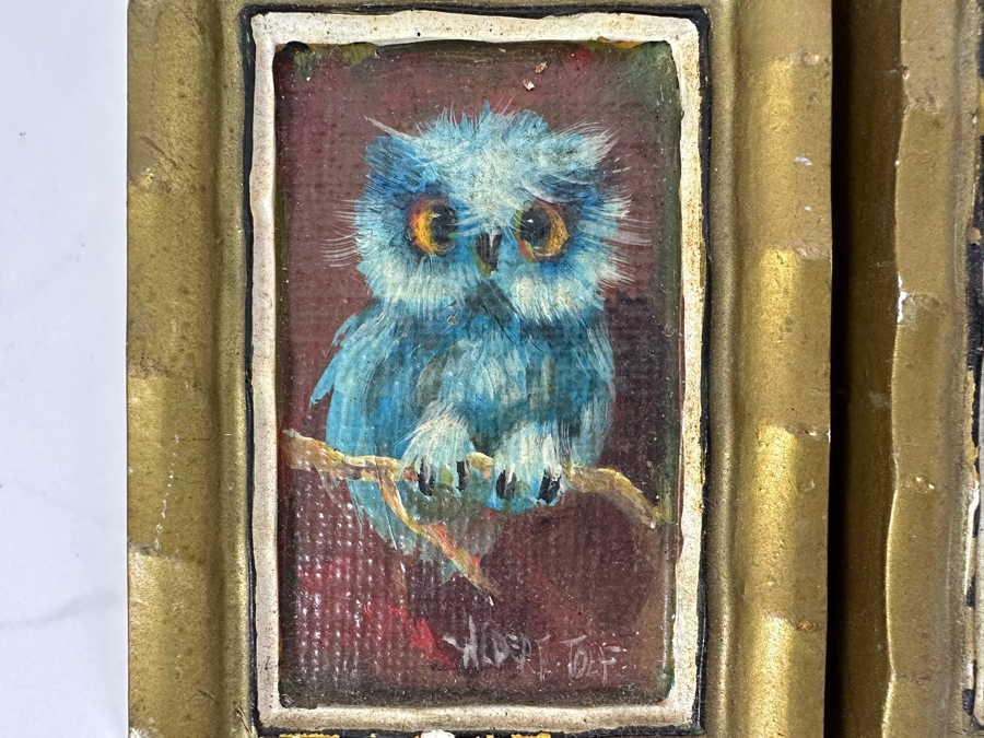 Pair Of Original Mid-Century Miniature Albert Tolf Owl Paintings Framed 3 X 4 [Photo 4]