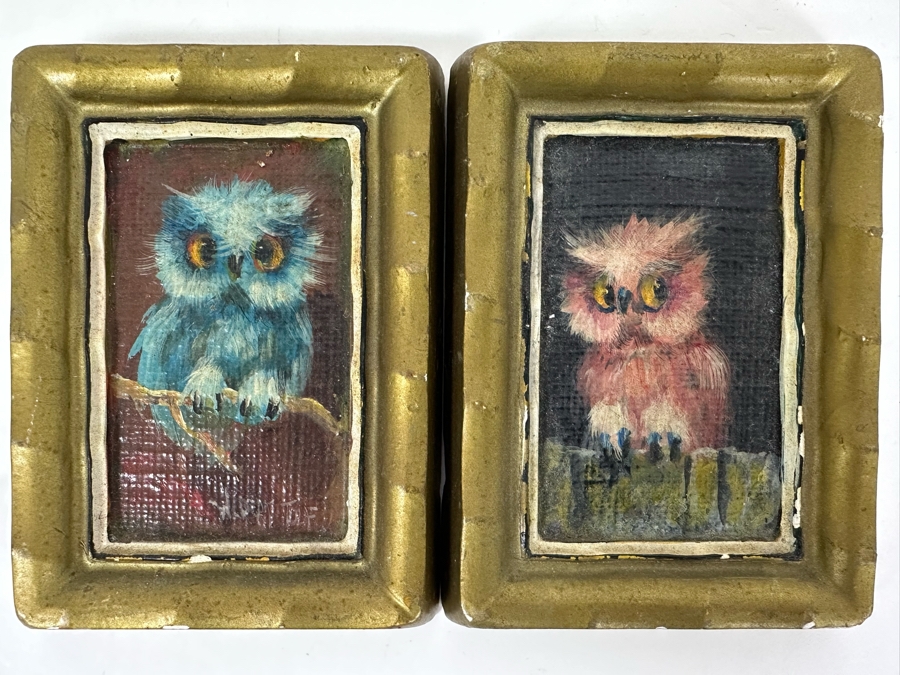 Pair Of Original Mid-Century Miniature Albert Tolf Owl Paintings Framed 3 X 4 [Photo 3]