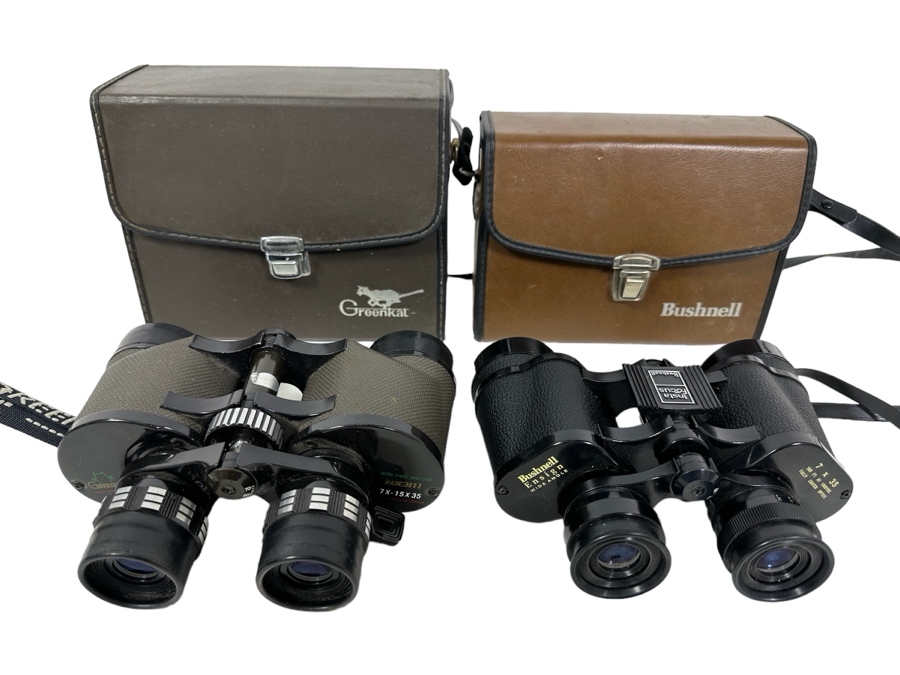 Greenkat Ultra Violet Objectives Zoom 7X-15X Binoculars And Bushnell Ensign Wide Angle 7 X 35 Binoculars With Cases