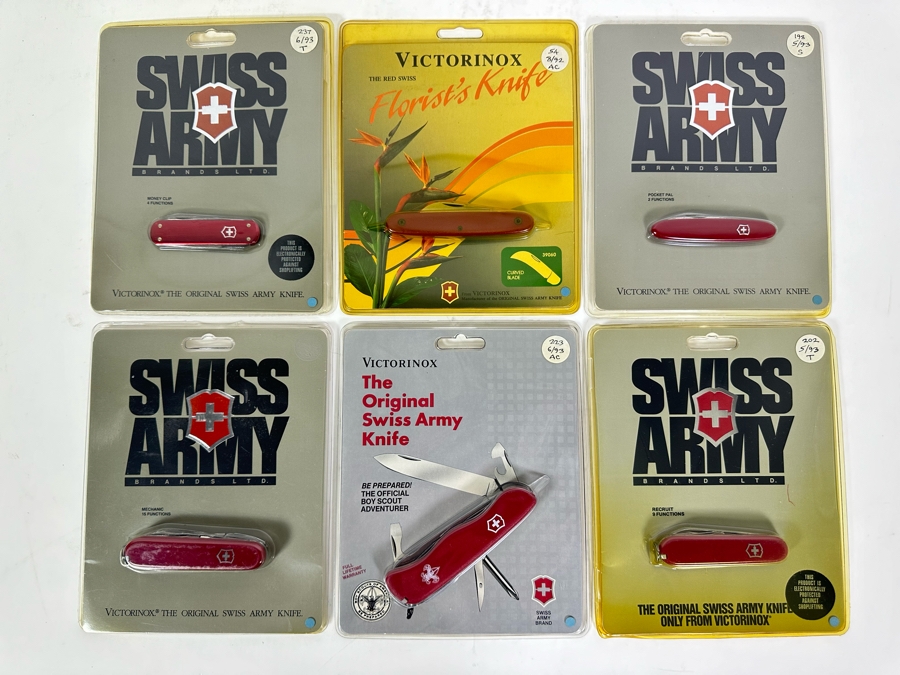 Six New In Packaging Swiss Army Knives Including The Money Clip Knife, The Florist's Knife, The Pocket Pal Knife, Mechanic Knife, The Official Boy Scout Adventurer Knife And Recruit Knife [Photo 3]