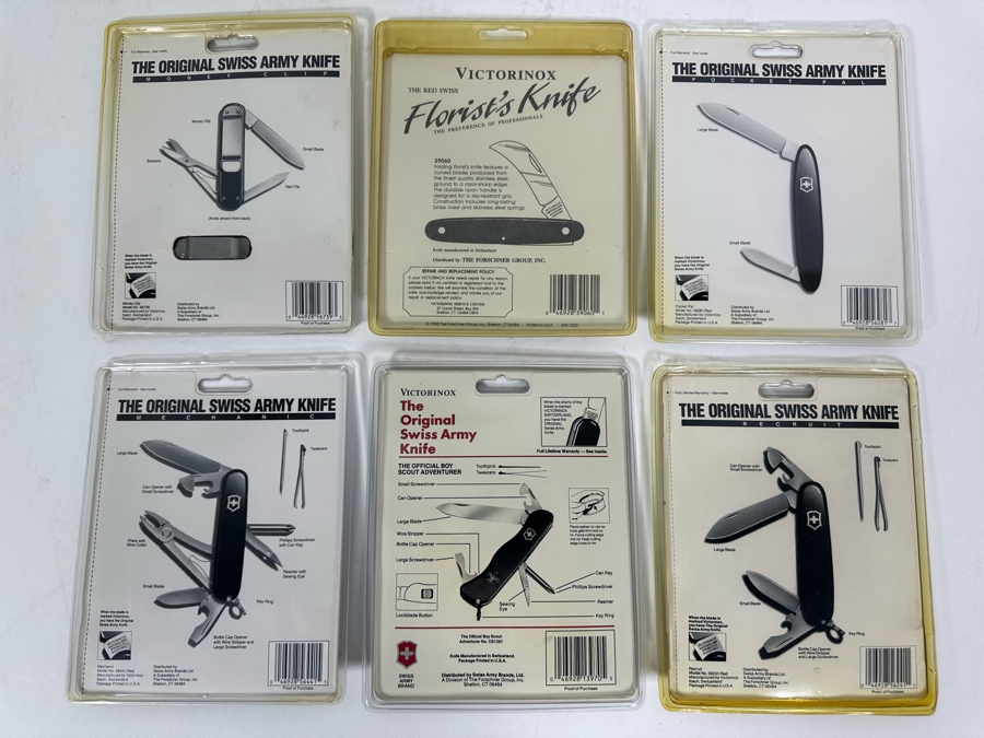 Six New In Packaging Swiss Army Knives Including The Money Clip Knife, The Florist's Knife, The Pocket Pal Knife, Mechanic Knife, The Official Boy Scout Adventurer Knife And Recruit Knife [Photo 16]