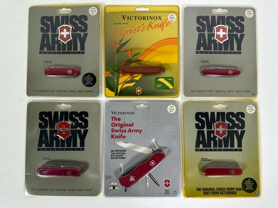 Six New In Packaging Swiss Army Knives Including The Money Clip Knife, The Florist's Knife, The Pocket Pal Knife, Mechanic Knife, The Official Boy Scout Adventurer Knife And Recruit Knife [Photo 2]