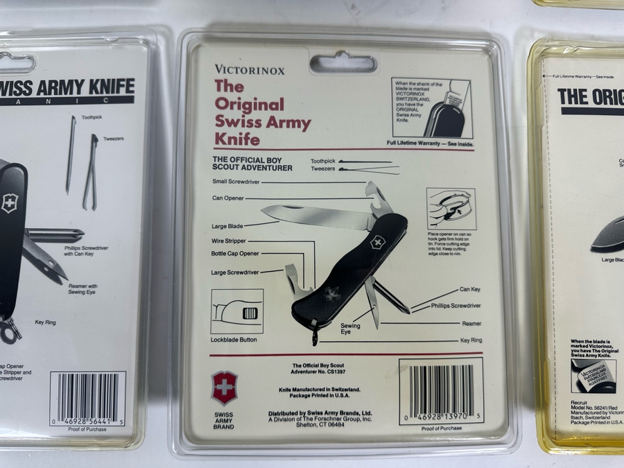 Six New In Packaging Swiss Army Knives Including The Money Clip Knife, The Florist's Knife, The Pocket Pal Knife, Mechanic Knife, The Official Boy Scout Adventurer Knife And Recruit Knife [Photo 21]