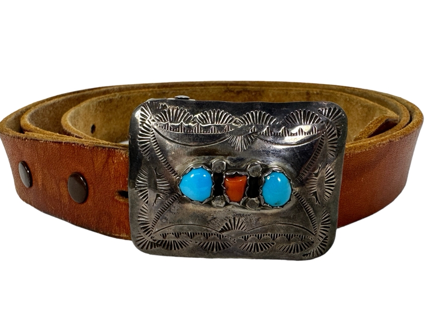 Sterling Silver / Turquoise / Red Coral Native American Belt Buckle With Leather Belt 46L [Photo 1]
