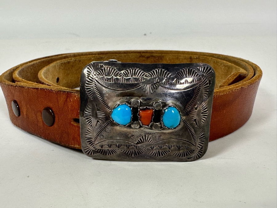 Sterling Silver / Turquoise / Red Coral Native American Belt Buckle With Leather Belt 46L [Photo 4]