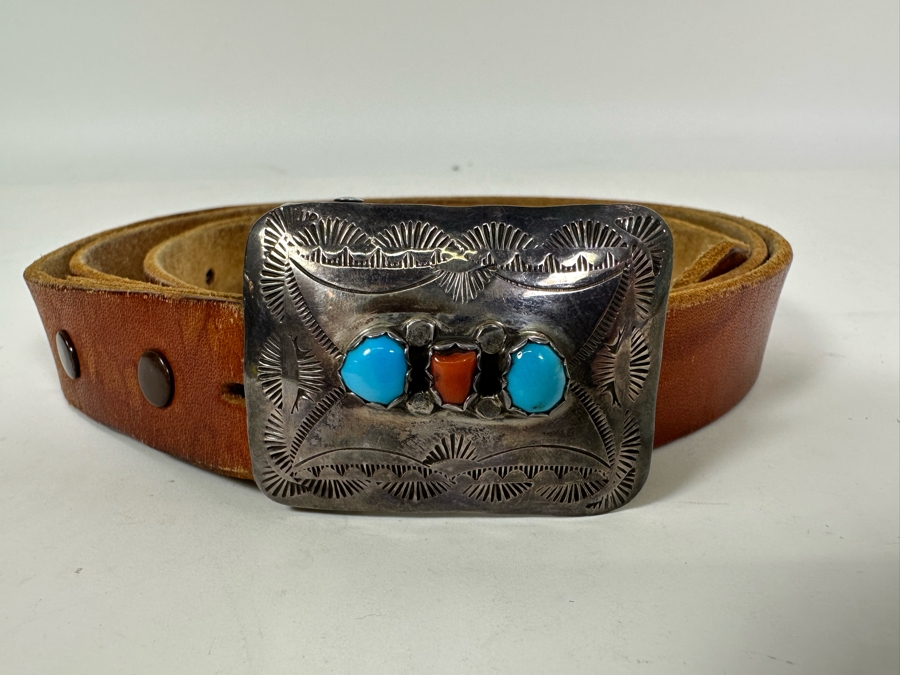 Sterling Silver / Turquoise / Red Coral Native American Belt Buckle With Leather Belt 46L [Photo 3]