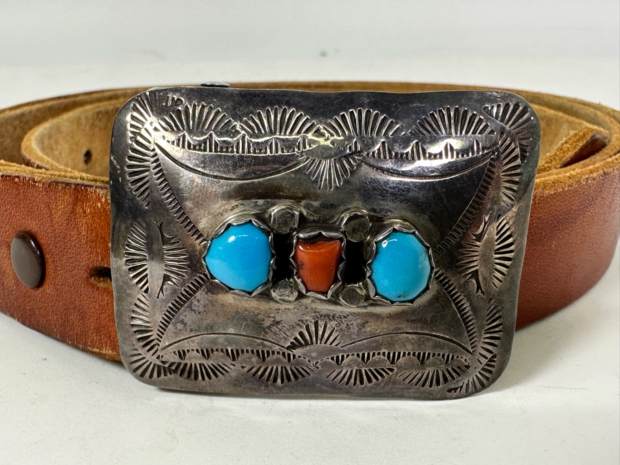 Sterling Silver / Turquoise / Red Coral Native American Belt Buckle With Leather Belt 46L [Photo 5]