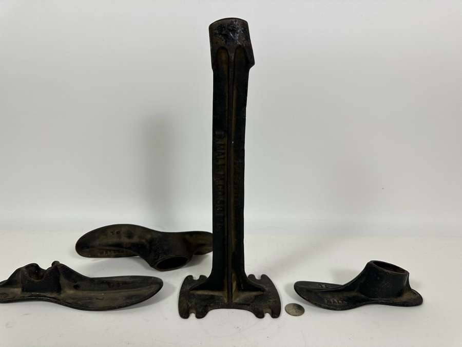 Antique Cast Iron Cobblers Shoe Stand B. Mall. M. Co. So. Mil And Three Shoe Forms (Two Fit Stand) 16H [Photo 5]