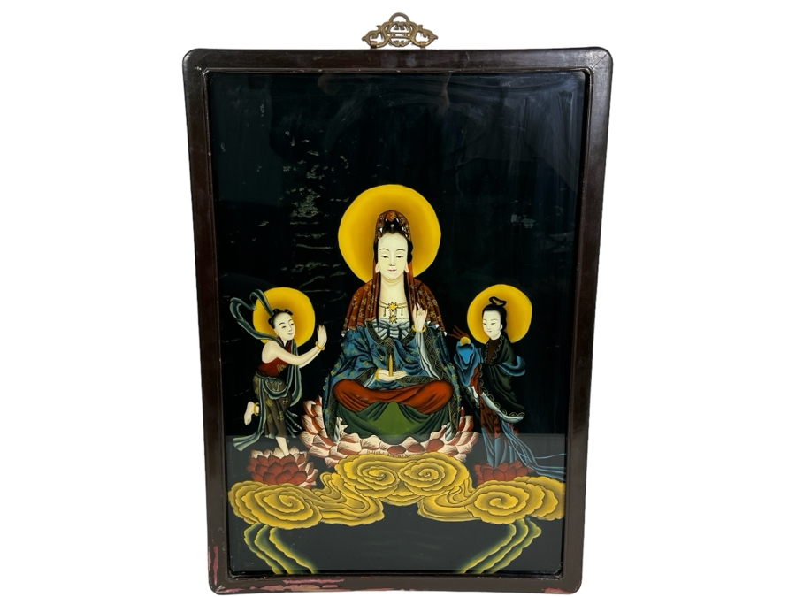 Vintage Chinese Reverse Painting On Glass Of Buddha Guanyin With Acolytes Framed 19.5 X 27.5 [Photo 2]